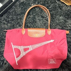 Longchamp Pink Tote with Brown Leather Handles and Eiffel Tower Print